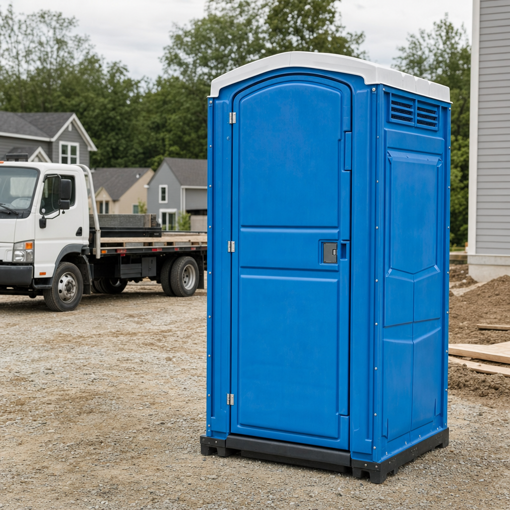 Delivery driver positioning a clean royal-blue portable toilet on level ground at a Grand Rapids worksite